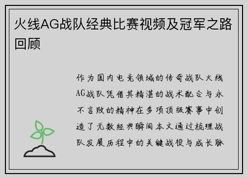 火线AG战队经典比赛视频及冠军之路回顾